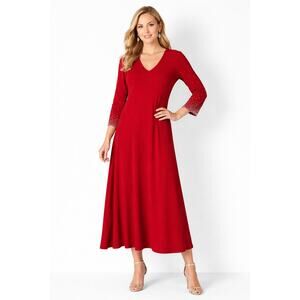 MSK Red V Neck Dress XL Beaded Sleeve Elegant Midi Stretch